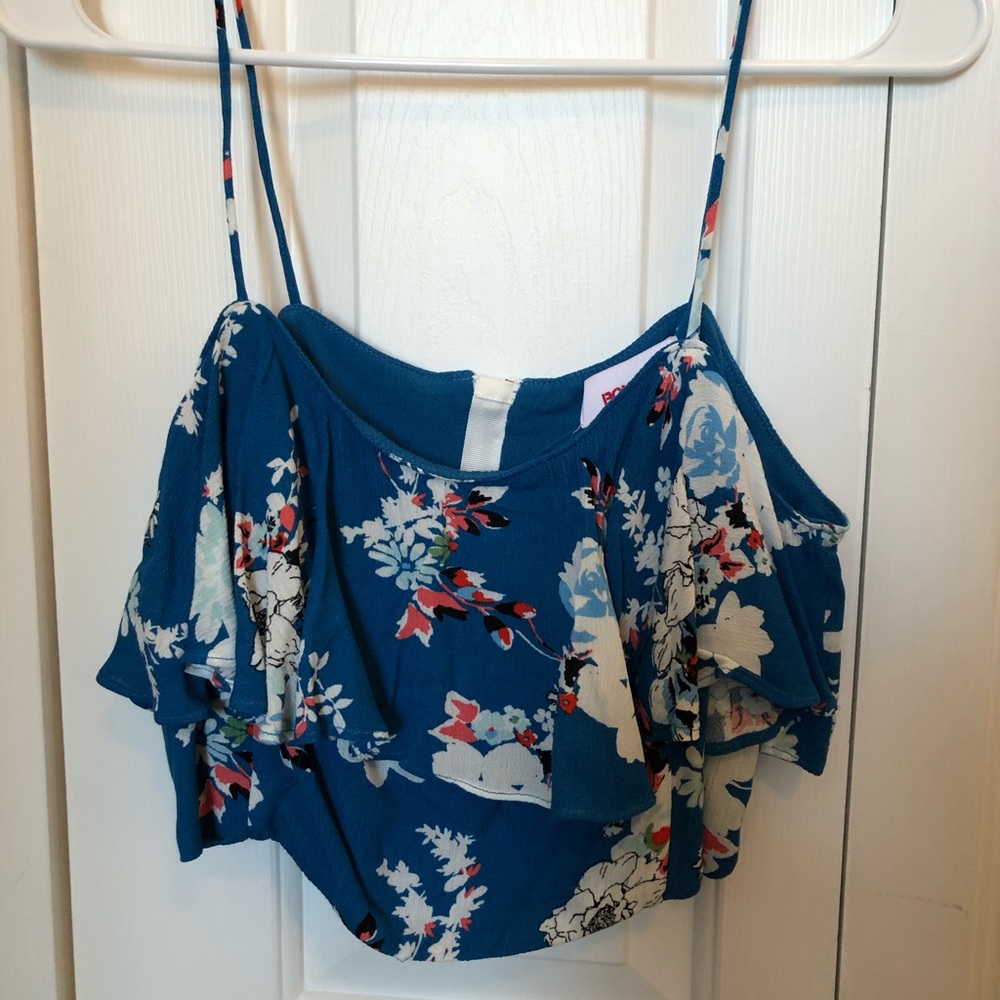 Blue, floral ruffle crop top